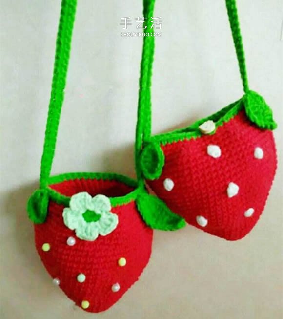 草莓包包的钩针编织 儿童可爱毛线包的编法