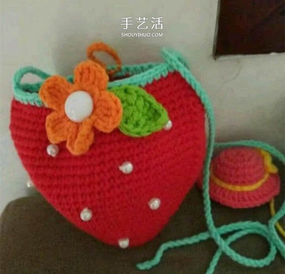 草莓包包的钩针编织 儿童可爱毛线包的编法