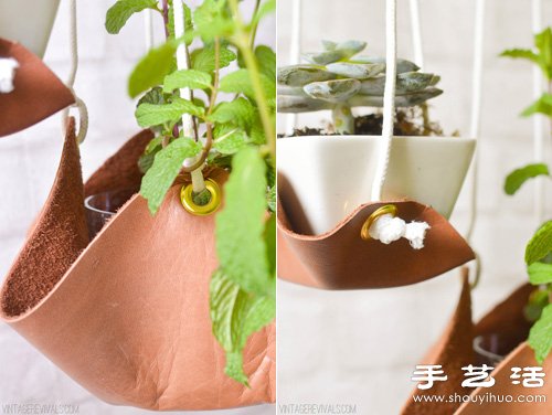 皮革手工制作可悬挂植物盆栽吊托