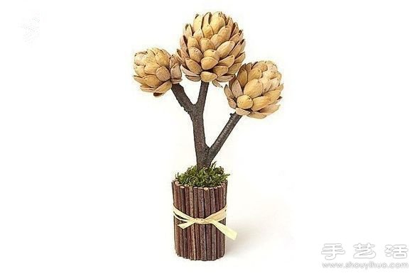 开心果壳+树枝+橡皮泥 DIY装饰坚果树