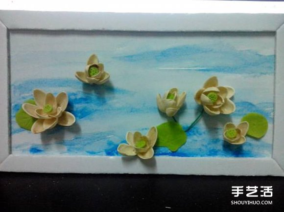 开心果壳创意粘贴画 开心果壳粘贴荷花装饰画