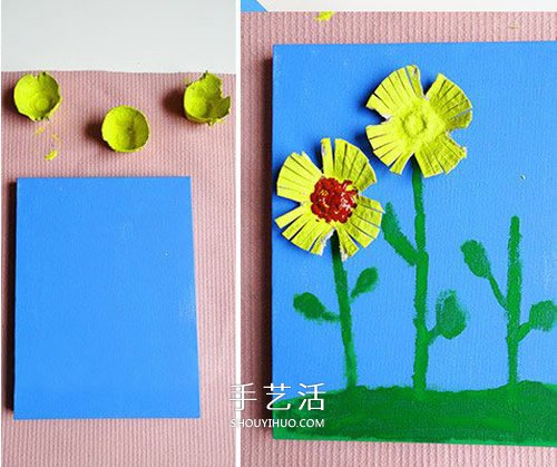 幼儿园重阳节小手工 用鸡蛋托制作菊花贴画