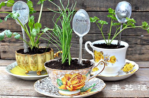 陶瓷杯碟+复古金属勺子 DIY制作小清新盆栽