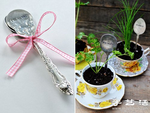 陶瓷杯碟+复古金属勺子 DIY制作小清新盆栽