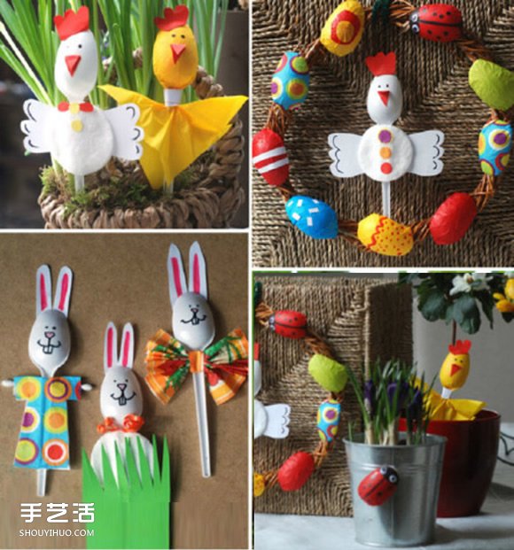 一次性塑料勺子DIY制作小公鸡、小兔子和甲虫