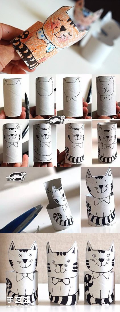 卫生纸卷筒做手工 幼儿可爱立体猫咪制作教程