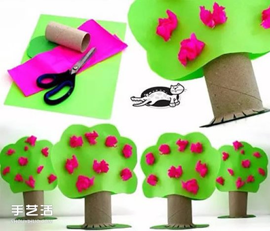 幼儿用卫生纸卷筒简单制作可爱小树的方法