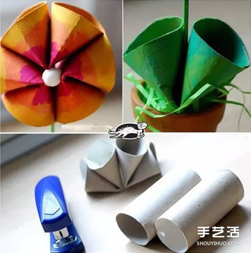 儿童简单手工：利用卫生纸卷筒制作小花盆景