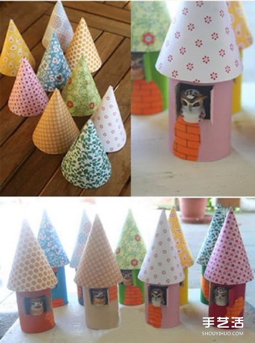 幼儿利用卫生纸卷筒制作尖顶小屋的方法教程