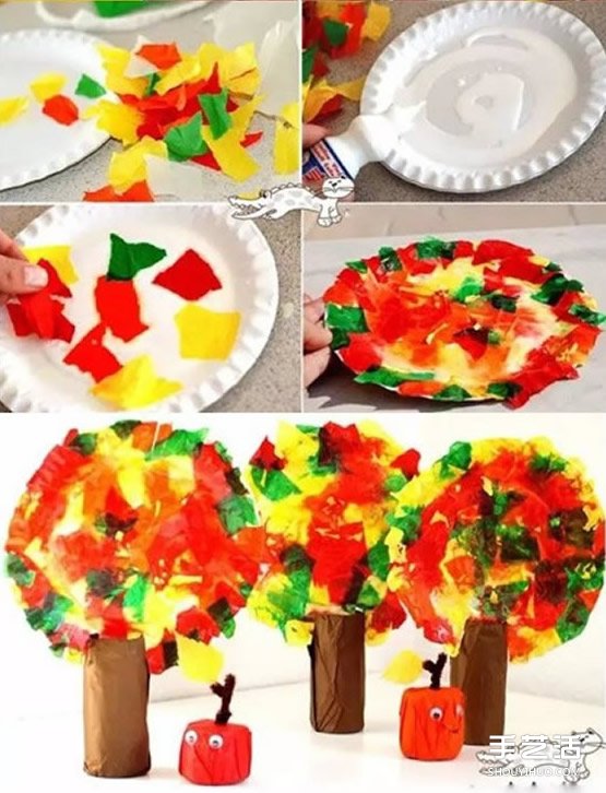 幼儿大树果实手工制作 卷纸筒和餐盘废物利用