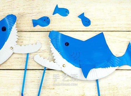 纸餐盘废物利用 嘴巴可以动的鲨鱼玩具小制作