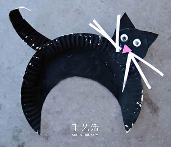 纸盘环保小制作 幼儿园手工做小黑猫的教程