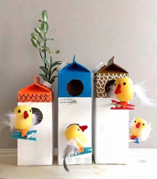 牛奶盒废物利用小制作 做成漂亮的鸟笼装饰