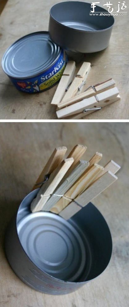 木夹子和小铁罐DIY制作花盆烛台的方法