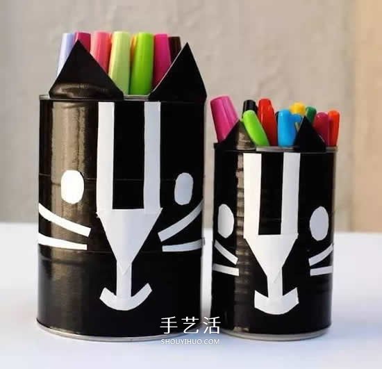 奶粉罐做小黑猫笔筒 卡通笔筒用奶粉罐制作