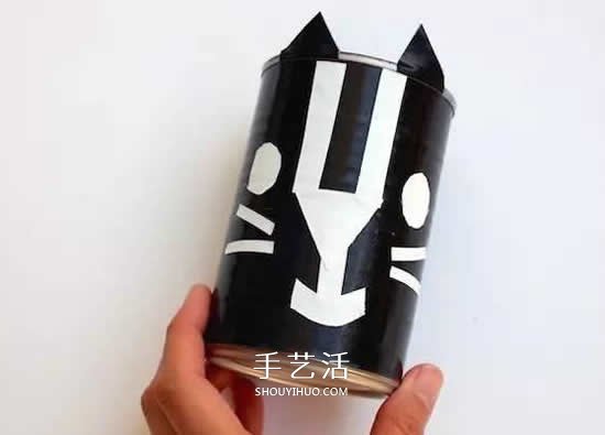 奶粉罐做小黑猫笔筒 卡通笔筒用奶粉罐制作