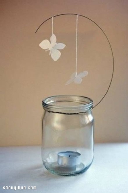 玻璃瓶+铁丝+剪纸 手工制作浪漫蝴蝶飞烛台