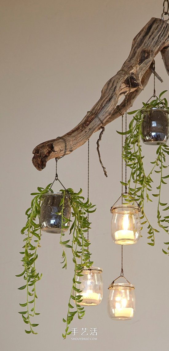 迷人的吊灯装饰！枯枝和玻璃罐的再利用DIY