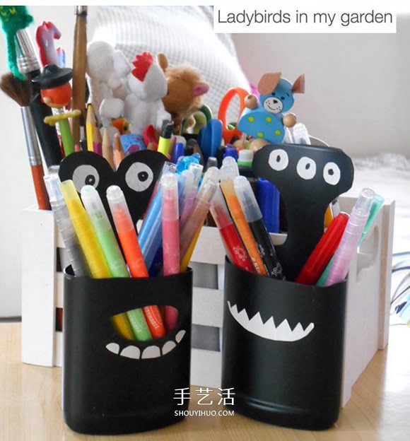 废物利用塑料瓶做笔筒 卡通小怪物笔筒DIY方法