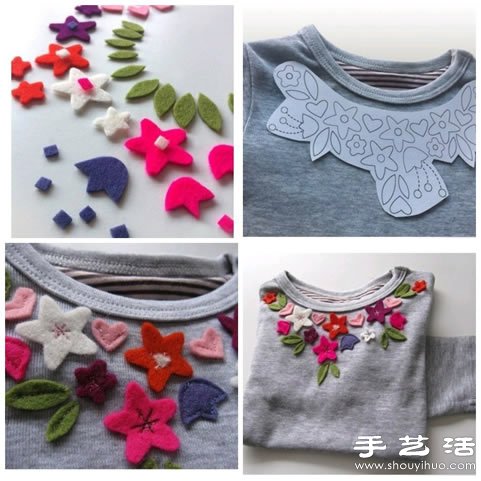 DIY带漂亮毛毡布材质花朵图案的漂亮T恤