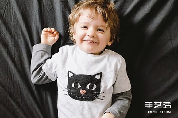 儿童T恤改造DIY 用不织布制作可爱猫咪图案