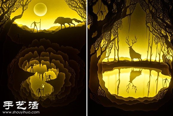 剪纸配合光线DIY童话色彩纸雕场景