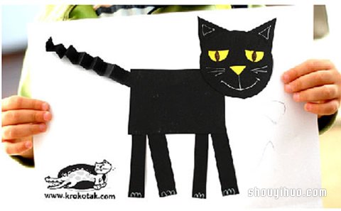 简单的剪纸黑猫拼贴画手工制作方法教程