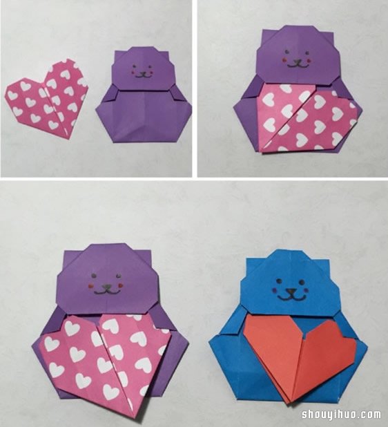 手工折纸抱爱心的小熊 可爱小熊的折法图解
