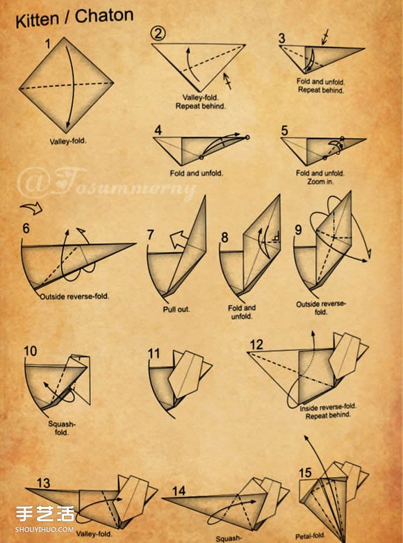 猫咪一家折纸步骤图 手工折立体猫咪的方法