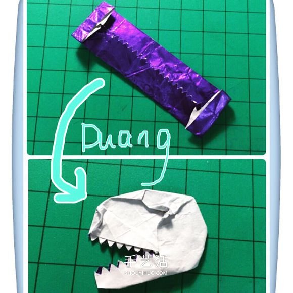 口香糖纸废物利用 手工折纸恐龙头图解教程