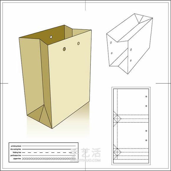 四款包装纸袋展开图和效果图