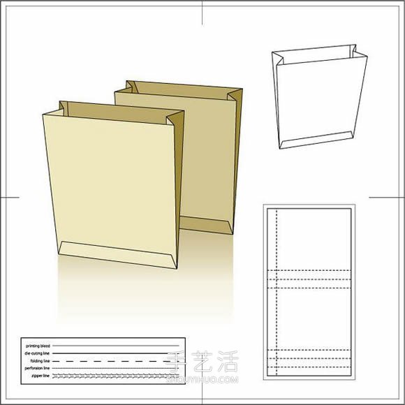 四款包装纸袋展开图和效果图
