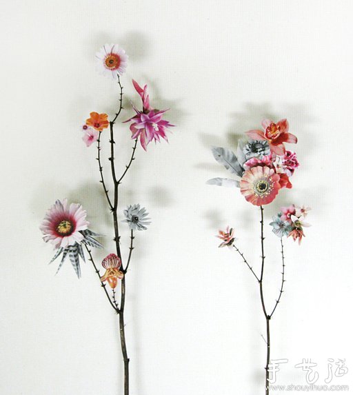 纸花和树枝DIY的精美纸艺作品