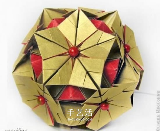 冬天的美丽折纸手工 立体雪花花球的折法图解
