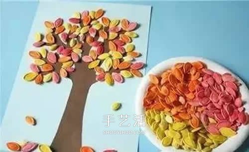 南瓜籽手工制作大树 幼儿园简单大树拼贴画