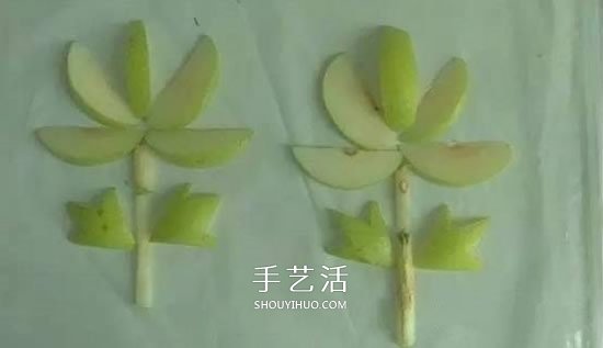 简单梨子手工 幼儿用水果拼画花朵的方法