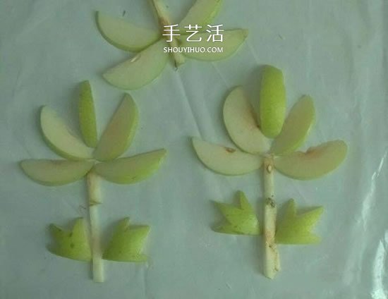 简单梨子手工 幼儿用水果拼画花朵的方法