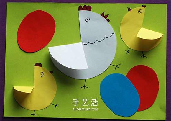 彩纸贴画母鸡和小鸡的制作方法 简单又可爱！