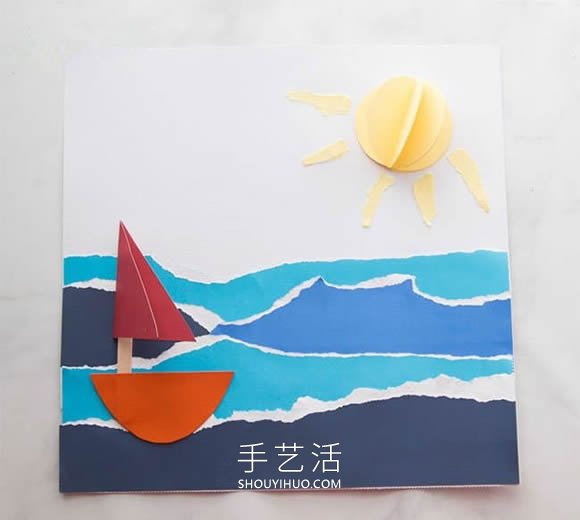 美丽的夏日海滩！幼儿园漂亮撕纸画制作教程