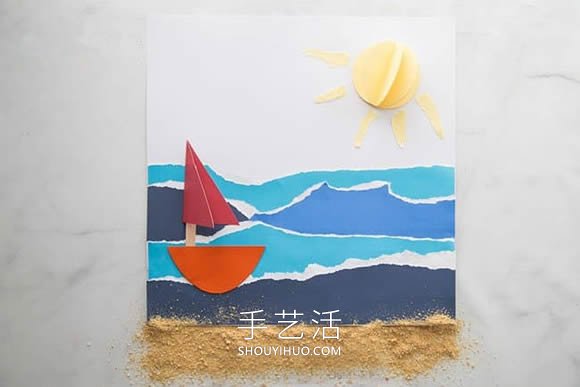 美丽的夏日海滩！幼儿园漂亮撕纸画制作教程