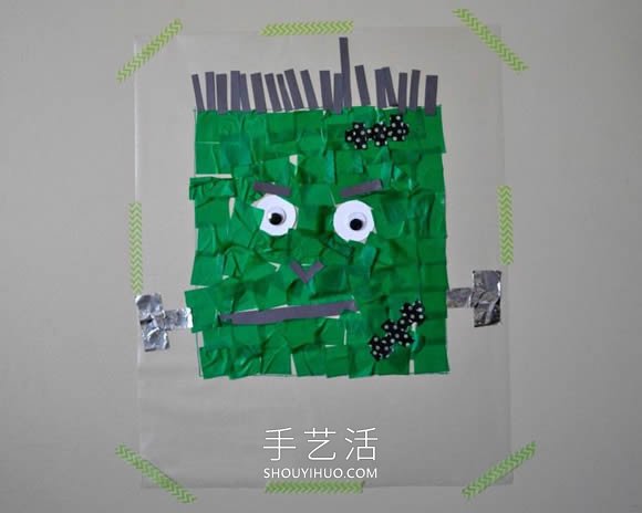 儿童手工制作万圣节弗兰肯斯坦纸贴画的做法