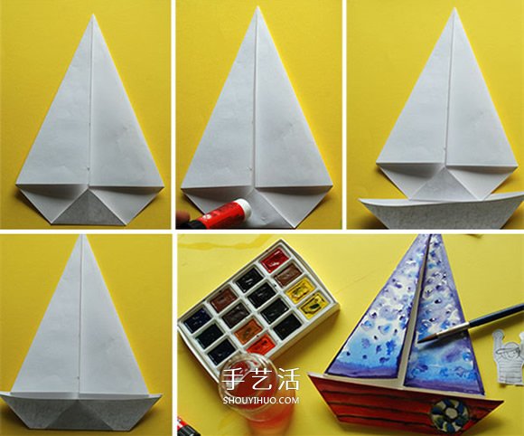 幼儿园用折纸手工制作海滨帆船画的方法