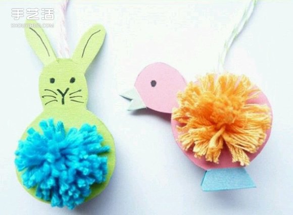 适合小朋友的毛线球兔子和小鸟挂件手工制作