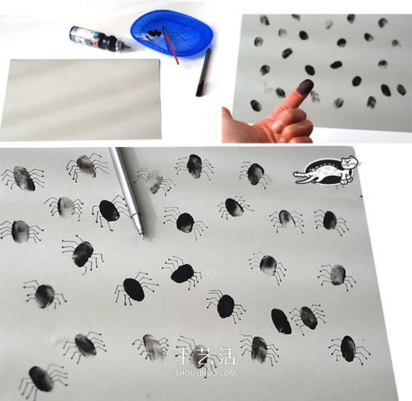 手指画蜘蛛的方法 DIY制作万圣节风格书皮