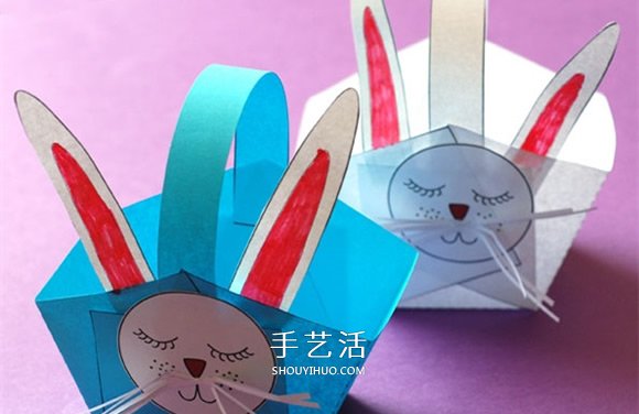小兔子篮子手工制作 用彩纸做动物纸篮的方法