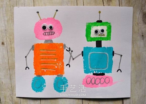 幼儿园简单用海绵画机器人的做法教程