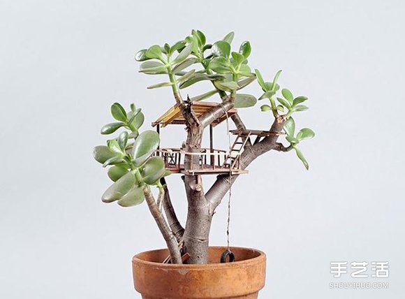 盆栽上DIY精致树屋模型 小人国般的微型建筑