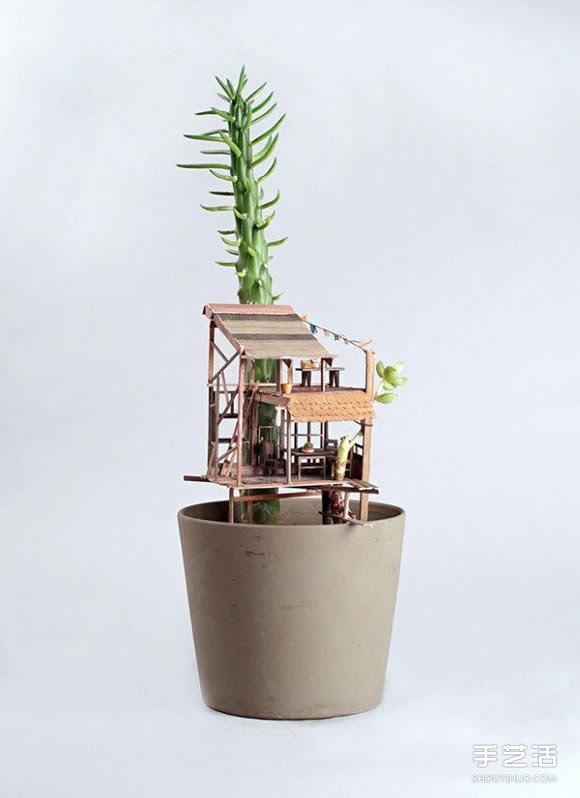迷你树屋模型图片 在盆栽上搭造出小小世界