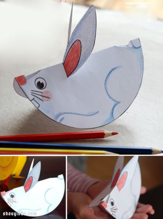 卡纸剪纸制作可爱的立体小兔子小公鸡玩具