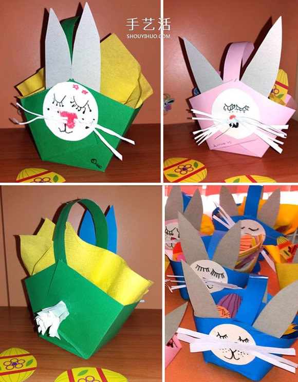 小兔子篮子手工制作 用彩纸做动物纸篮的方法
